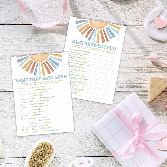 Baby Shower Feud & Name That Baby Song Theme Baby Shower Game Activities-Game Cards For Boys & Girls-30 Retro Sunshine Game Cards & 1 Answer Card-Baby Shower Party Supplies & Decorations-A05