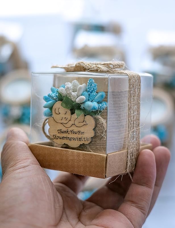 Ju's Favors Wooden Candle Holders (Set of 10), Baby Shower Favors, Boy Christening Favors, Baby Christening Party Favors for Guests.(Light brown-blue)