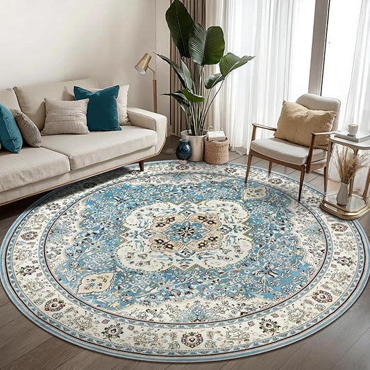 Ciicool Washable Area Rug Round 6’x6’ Boho Bedroom Rug Non-Slip Oriental Carpet Throw Rug Low-Pile Indoor Floor Carpet for Dining Room Living Room Laundry Foyer Decor (Vintage Blue)