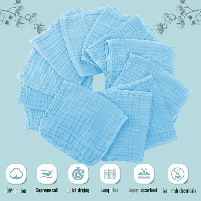 24 Pack Muslin Burp Cloths for Baby - Ultra-Soft 100% Cotton Baby Washcloths - Large 20'' by 10'' Super Absorbent Milk Spit Up Rags - Burpy Cloths for Unisex, Boy, Girl - Aquamarine