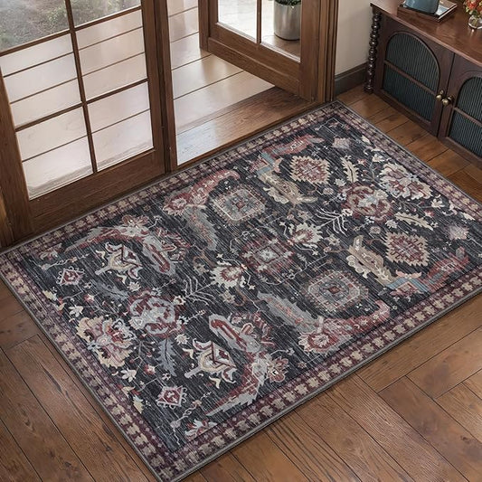Ciicool Washable Vintage Area Rug, 2x3ft Small Boho Rug, Ultra Soft Rugs for Entryway, Non-Slip Entry Rugs Oriental Low-Pile Indoor Mat Floor Carpet for Entrance Bedroom Kitchen Bathroom Foyer Decor