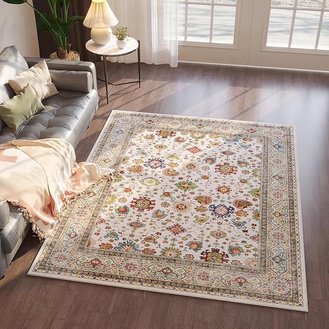 Bedroom Rug 3x5 Rug Washable Area Rug Non Slip Low Pile Boho Small Carpet for Bedroom, Bedside, Kitchen, Entryway, Kids Room, Office, College Dorm Essentials for Girls (Colorful)