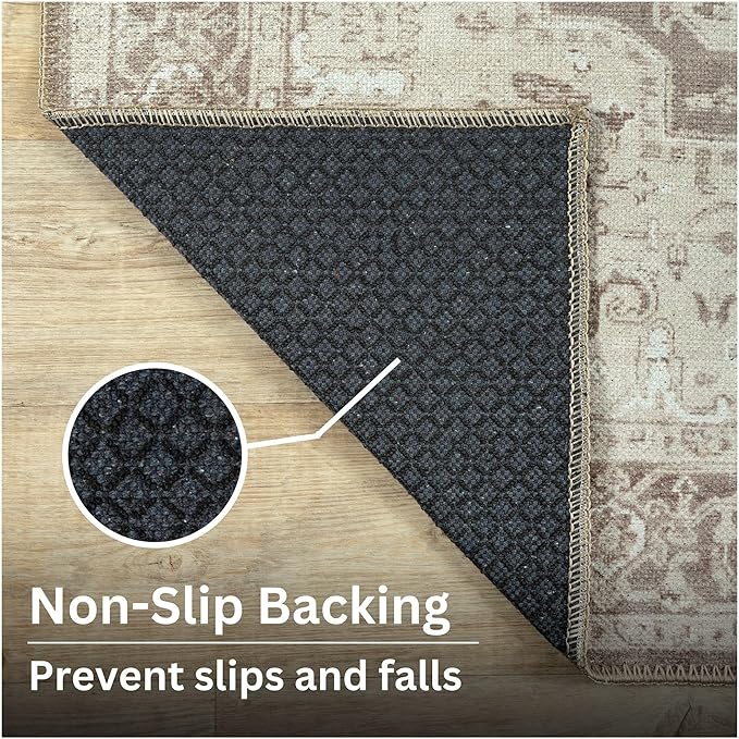Bloom Rugs Washable Non-Slip 7 ft Runner - Light Brown Traditional Medallion Runner for Entryway, Hallway, Bathroom, and Kitchen - Exact Size: 2.5' x 7'