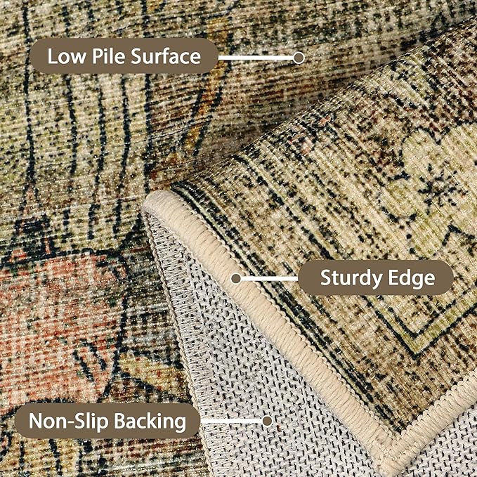 GENIMO 8x10 Area Rugs for Living Room, Machine Washable Non Slip Vintage Rugs, Low Pile Lightweight Chenille Print Rug for Bedroom, Dining Room, Home Office, Moss Taupe