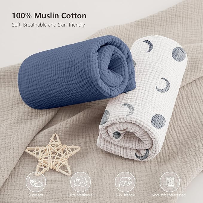 Bearmoss Muslin Mini Crib Sheets for Pack N Play Mattress - 100% Cotton - 38"x26" Soft Breathable Playard Baby Crib Sheets Neutral for Boys Girls - 2 Pack (Blue Crescent)