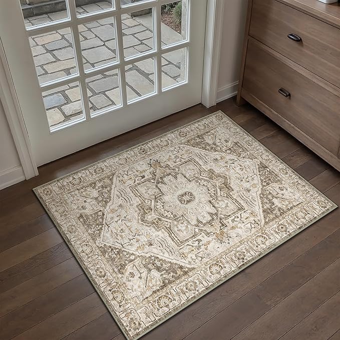 Brown Area Rug 2x3 Vintage Entryway Door Mat Washable Distressed Kitchen Carpet Non Slip Soft Indoor Traditional Medallion Retro Accent Throw Rug for Bedroom Office Dining Living Room