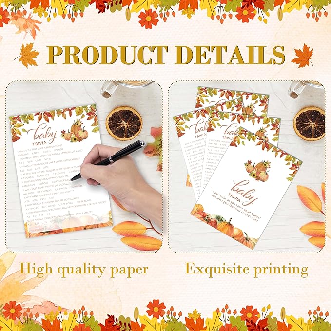 Fall Baby Shower Games, Baby Trivia Game Cards, 5x7 in, Thanksgiving Baby Shower Party Favor Decorations Supplies - A05