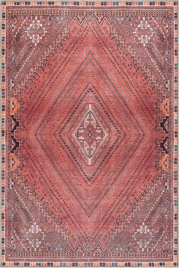 Bloom Rugs Washable Non-Slip 5' x 7' Rug - Red/Multicolor Traditional Bordered Area Rug for Living Room, Bedroom, Dining Room, and Kitchen - Exact Size: 5' x 7'