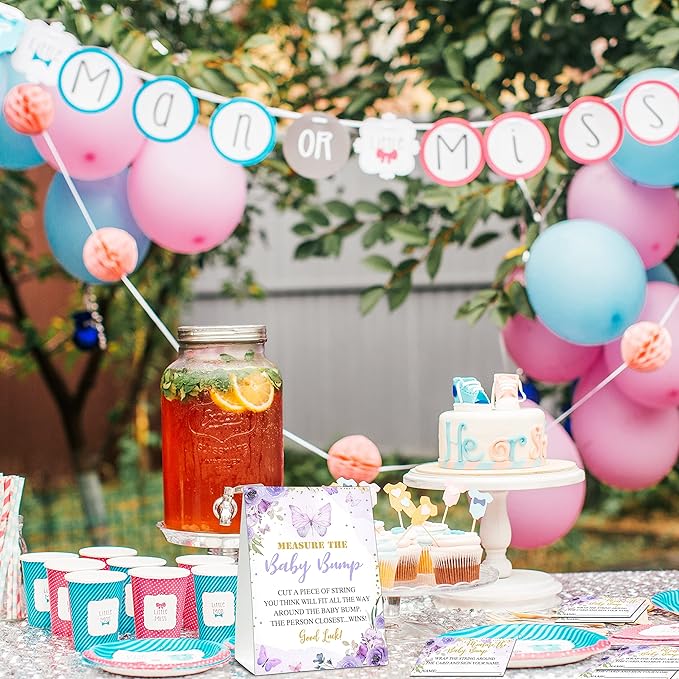 Measure the Baby Bump Baby Shower Game Set, 1 Standing Sign with 50 Guessing Cards, Butterfly Gender Reveal Party Decorations Supplies - B02