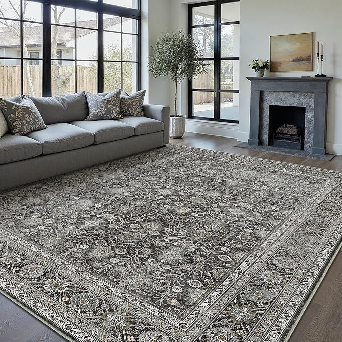 Vintage Area Rug 9x12 Black Washable Living Room Large Carpet Non Slip Bedroom Indoor Office Low Pile Traditional Distressed Retro Accent Rug for Dining Room