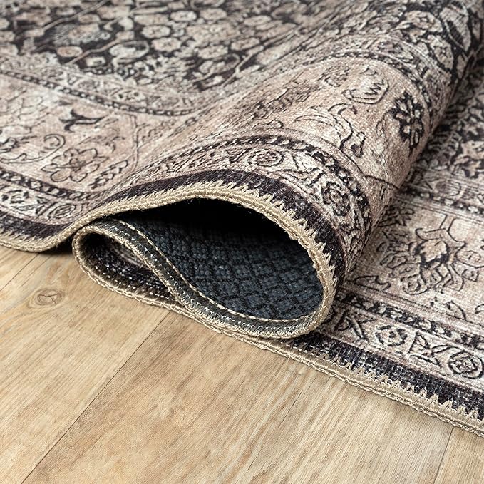 Bloom Rugs Washable Non-Slip 12 ft Runner - Charcoal/Beige Traditional Bordered Runner for Entryway, Hallway, Bathroom, and Kitchen - Exact Size: 2.5' x 12'