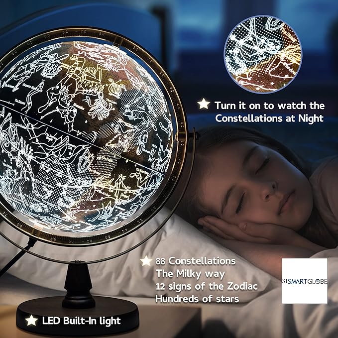 with Interactive APP & LED Illuminated Constellations at Night, US-Patented STEM education 10" World Globe with Detailed map