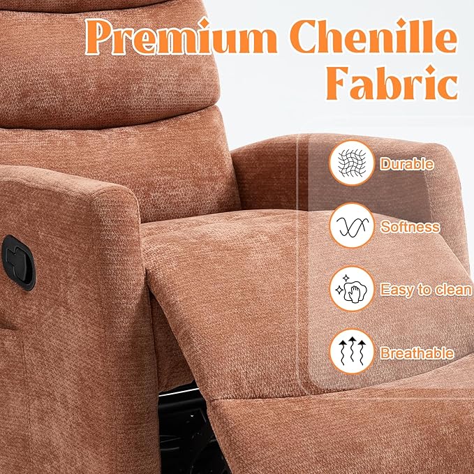 Manual Swivel Rocker Recliner Chair with Massage, Overstuffed Recliner Glider with Vibration Massage and Heat for Nursery, Living Room Reclining Sofa Chair, Fabric Orange