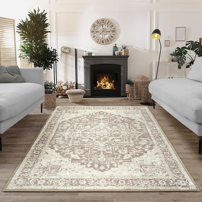 Bloom Rugs Washable Non-Slip 5' x 7' Rug - Light Brown Traditional Medallion Area Rug for Living Room, Bedroom, Dining Room, and Kitchen - Exact Size: 5' x 7'