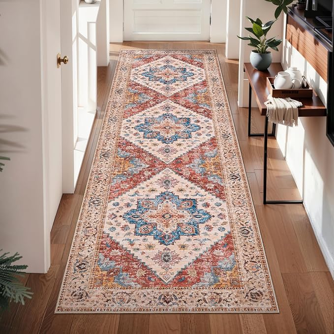 Ciicool Washable Runners Area Rug for Hallways, Ultra Soft 2'6 "x8' ft Boho Print Non-Slip Vintage Oriental Medallion Long Carpet for Kitchen Bedroom Laundry Bathroom