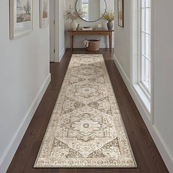 Brown Hallway Runner Rug 2x10 Vintage Washable Distressed Area Carpet Kitchen Indoor Non Slip Long Traditional Medallion Retro Accent Throw Rug for Bedroom Laundry Office Dining Living Room