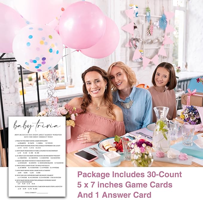 ZIIUFRN Baby Shower Games(5" X 7"), 30 Sets Modern Black and White Baby Trivia Game Cards with Answer Card, Boy Girl Gender Neutral Baby Shower Supplies-B09