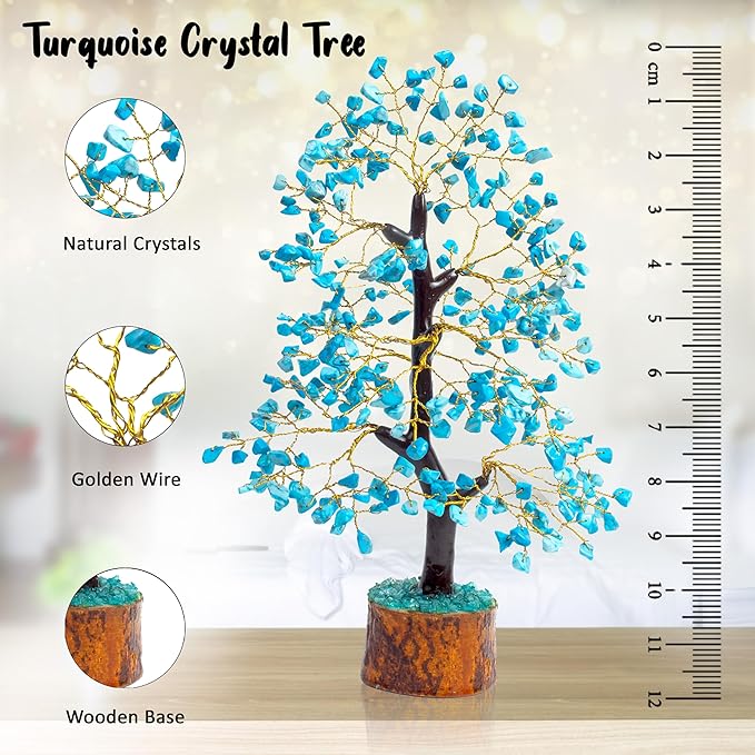 Crocon Turquoise Gemstone Tree Feng Shui Figurine Money Bonsai Good Luck Chakra Balancing Reiki Healing Crystals Decoration Ornament Sculpture Prosperity Table Decor Gift Size 10-12"