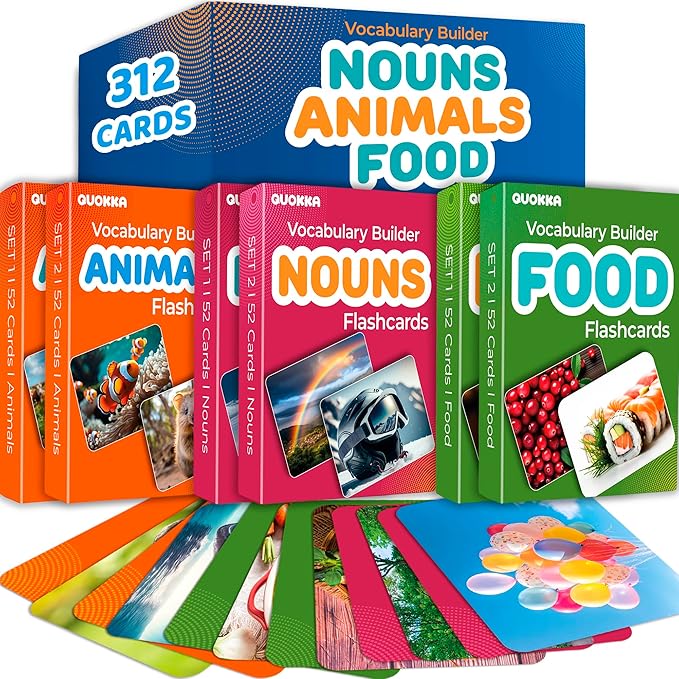 QUOKKA 312 Noun Flash Cards Set – Kids and Adults Vocabulary Builder for ABA Therapy, Early Childhood Education, and ESL Teaching – Picture Cards for Speech Therapy and Vocabulary Building Activities