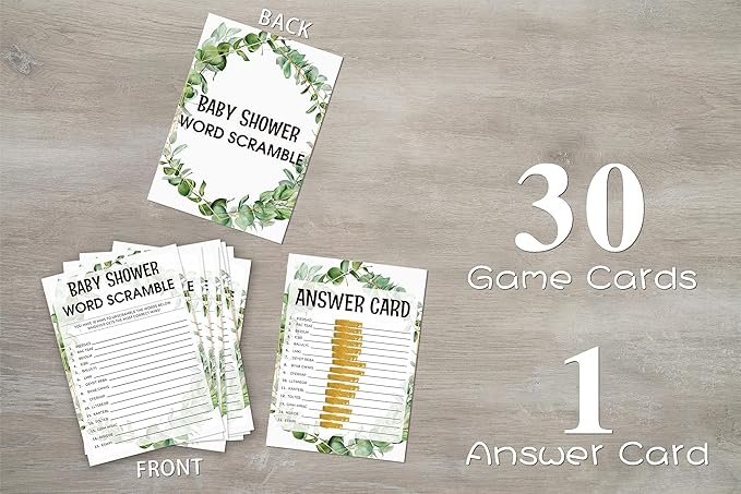 Baby Shower Game Cards, Word Scramble Game, Tropical Jungle Theme Party Cards for Gender Neutral Boys or Girls, Set of 30 Cards(Green005)