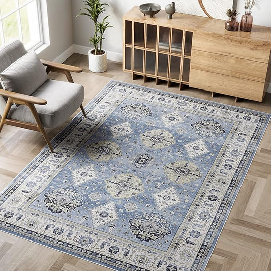 Dripex Vintage Washable Area Rug - 5x8 Distressed Rugs for Living Room Bedroom Oriental Medallion Floral Print Carpet Low-Pile Indoor Soft Non-Slip Accent Rug Farmhouse Office Home Decor