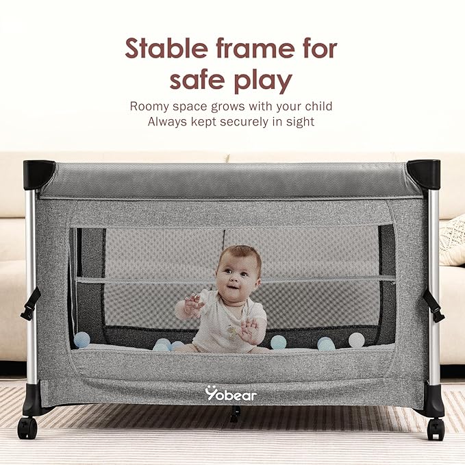 Extra Large Pack and Play with Mattress - One-Push Setup Playard - Baby Bassinet Bedside Crib with Diaper Changer & Storage Bag from Newborn to Toddler (Grey)