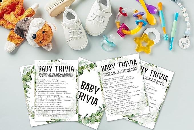 Baby Shower Game Cards, Baby Trivia Game, Tropical Jungle Theme Party Cards for Gender Neutral Boys or Girls, Set of 30 (Green002)
