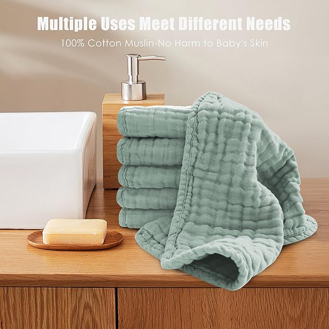 MOON PARK Baby Washcloths, 12 Pack - 12x12 Inches, Small Burp Cloths and Baby Wipes - 100% Cotton Muslin Ultra Soft for Newborn, Infant and Toddlers - Green