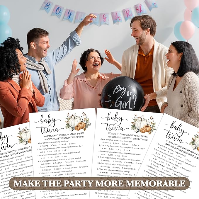Fall Baby Shower Games, Baby Trivia Themed Gender Reveal Party Game, Fall Festival Games Cards With Pumpkin Design, Boho Baby Shower Games, Thanksgiving Party Supplies -02