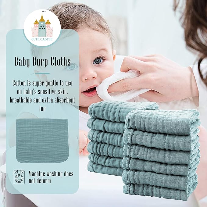 Cute Castle 24 Pack Muslin Burp Cloths for Baby - Ultra-Soft 100% Cotton Baby Washcloths - Large 20'' by 10'' Super Absorbent Milk Spit Up Rags - Burpy Cloths for Unisex, Boy, Girl -Dark Green