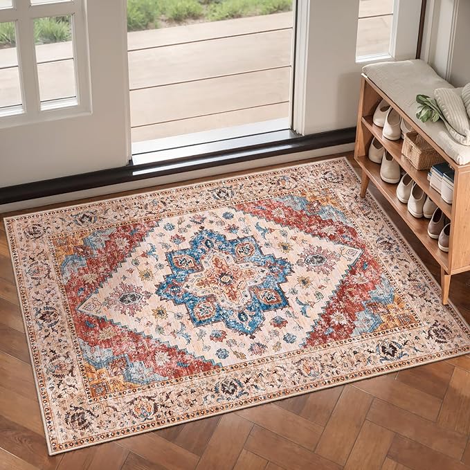Ciicool Washable Vintage Area Rug, 2x3ft Small Boho Rug, Ultra Soft Rugs for Entryway, Non-Slip Entry Rugs Oriental Low-Pile Indoor Mat Floor Carpet for Entrance Bedroom Kitchen Bathroom Foyer Decor