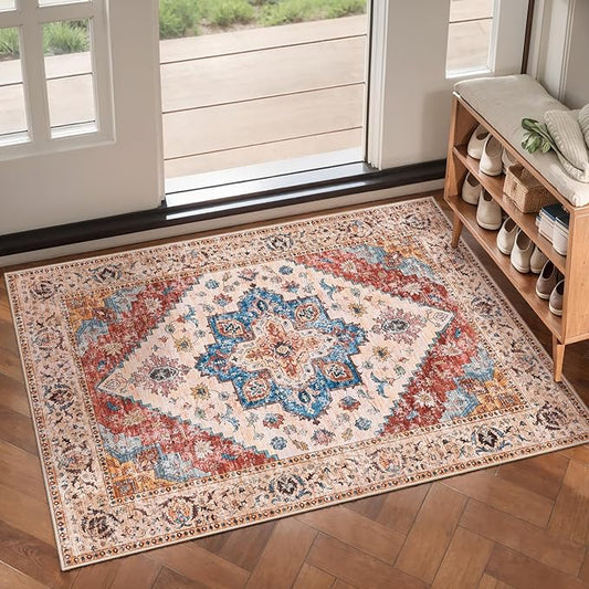 Ciicool Washable Vintage Area Rug, 2x3ft Small Boho Rug, Ultra Soft Rugs for Entryway, Non-Slip Entry Rugs Oriental Low-Pile Indoor Mat Floor Carpet for Entrance Bedroom Kitchen Bathroom Foyer Decor
