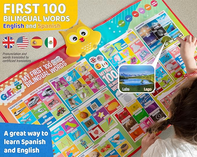 First 100 Words Bilingual Electronic Alphabet Poster – Interactive Learning Chart for Kids | 100 First Words in English & Spanish | Educational Talking Wall Poster