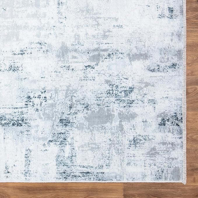 Bloom Rugs Caria Washable Non-Slip 10 ft Runner - Ivory/Silver/Blue Modern Abstract Runner for Entryway, Hallway, Bathroom, and Kitchen - Exact Size: 2'6" x 10'