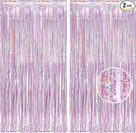 BRAVESHINE Pink Streamers Tinsel Foil Fringe Curtains - 2Pcs 3.2x8.2ft Metallic Photo Booths Backdrop for Girl/Princess/Birthday/Bridal Shower/Engagement/Bachelorette/Boo/Halloween Party Decorations