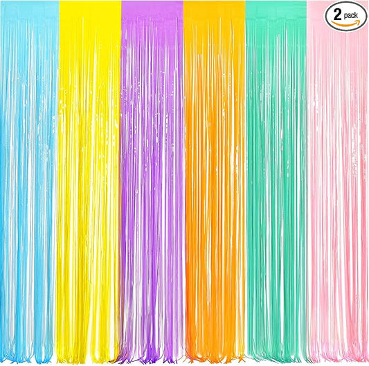 BRAVESHINE Tinsel Foil Fringe Curtains - 2Pcs 3.2x8.2ft Pastel Colourful Photo Backdrop for Sweet Birthdays Easter Bunny Bridal Shower Fairy Kids Candy Donut Party Decorations