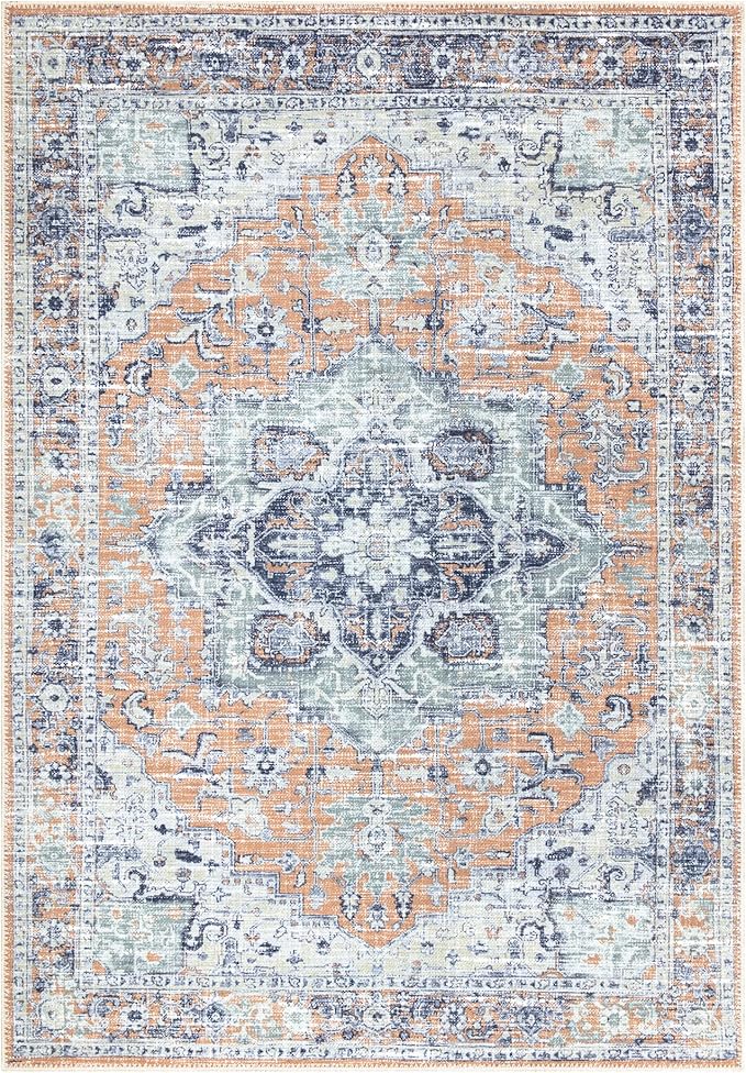 Bloom Rugs Washable Non-Slip 5' x 7' Rug - Peach/Blue Traditional Area Rug for Living Room, Bedroom, Dining Room, and Kitchen - Exact Size: 5' x 7'