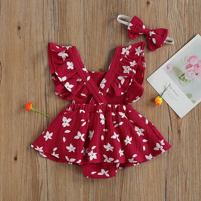 Baby Girls Floral Cotton Leotard Romper Newborn Daisy Playsuits Ruffled Sleeve Onesie Infant Jumpsuit Clothes Headband