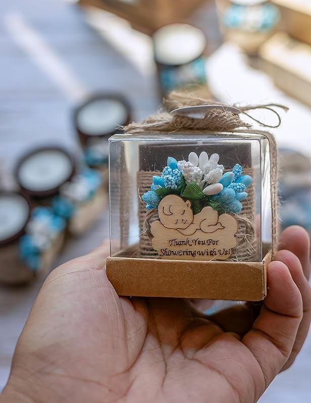 10 Handmade Wooden Tealight Candle Holders, Baby Shower Party Favors for Guests, Gender Reveal Party Gifts, with Personalized Tags, Baby Boy Gender Reveal. (dark brown-blue)