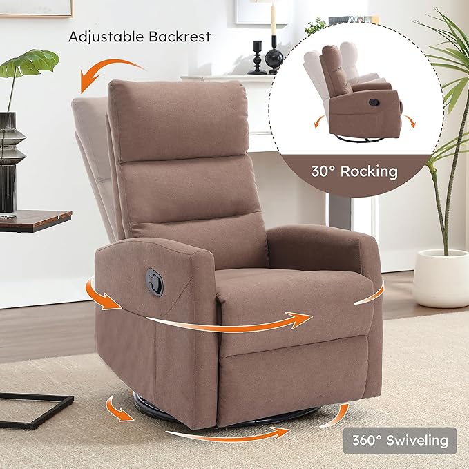360° Swivel Rocking Chair for Nursery, Manual Glider Chair Nursing Chair with Side Pockets, Polyester Glider for Living Room, Heavy Duty Motion Mechanism, Brown