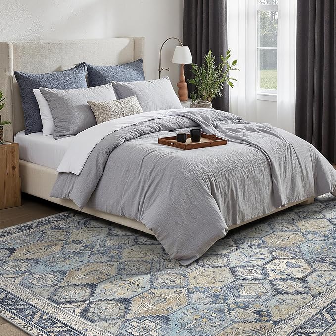 GENIMO 3x5 Area Rugs for Living Room, Machine Washable Non Slip Vintage Rugs, Low Pile Lightweight Chenille Print Rug for Bedroom, Dining Room, Home Office, Brown Blue