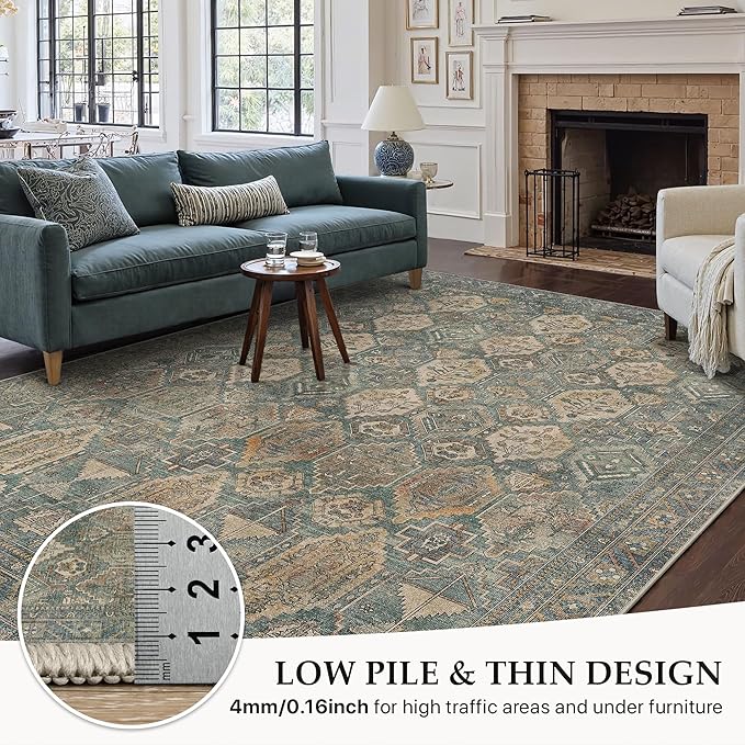 GENIMO 5x7 Area Rugs for Living Room, Machine Washable Non Slip Vintage Rugs, Low Pile Lightweight Chenille Print Rug for Bedroom, Dining Room, Home Office, Sage Teal