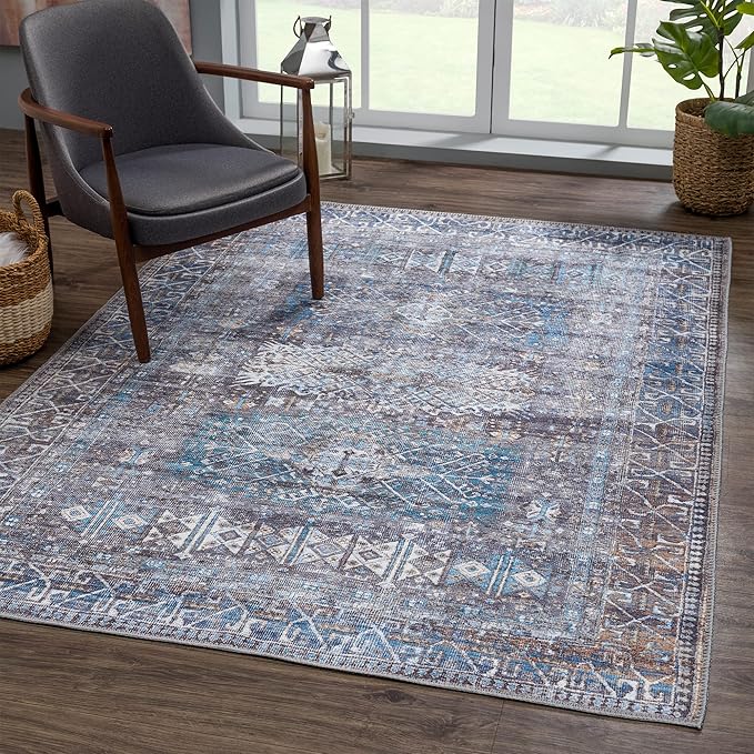 Bloom Rugs Washable 6' x 9' Rug - Slate Gray/Blue Traditional Area Rug for Living Room, Bedroom, Dining Room, and Kitchen - Exact Size: 6' x 9'