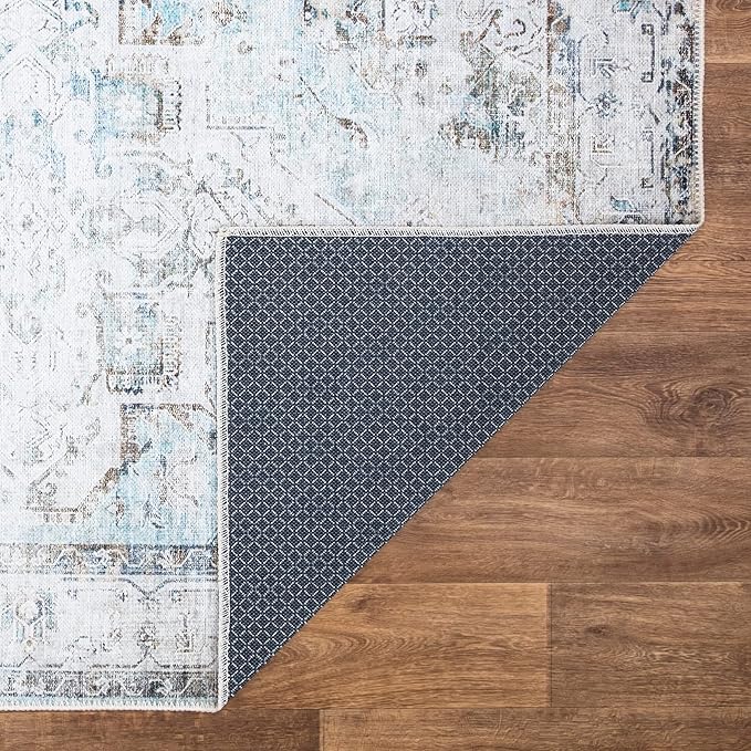 Bloom Rugs Washable Non-Slip 10 ft Runner - Beige/Blue Traditional Runner for Entryway, Hallway, Bathroom, and Kitchen - Exact Size: 2.5' x 10'