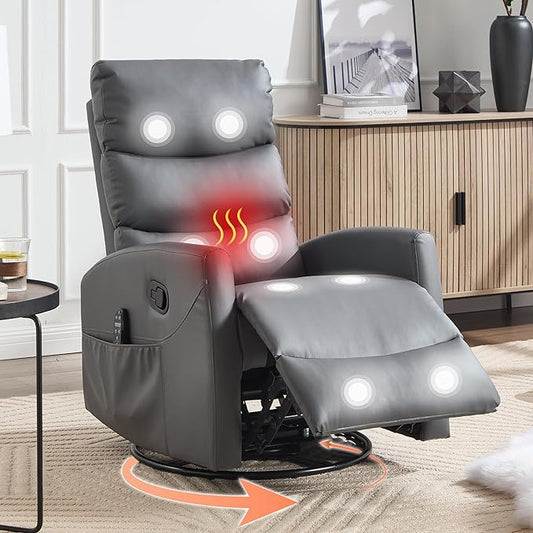 Manual Swivel Rocker Recliner Chair with Massage, Overstuffed Recliner Glider with Vibration Massage and Heat for Nursery, Living Room Reclining Sofa Chair, PU Leather Gray