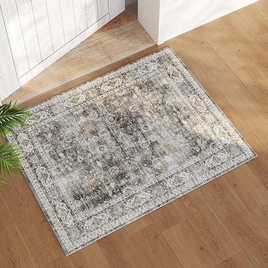 2x3 Rug Washable Boho Rug Soft Small Area Rug Non-Slip Non-Shedding Faux Wool Vintage Rug for Door Mat, Kitchen, Floor, Entryway, Powder Room (Grey and Brown)