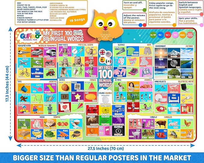 First 100 Words Bilingual Electronic Alphabet Poster – Interactive Learning Chart for Kids | 100 First Words in English & Spanish | Educational Talking Wall Poster