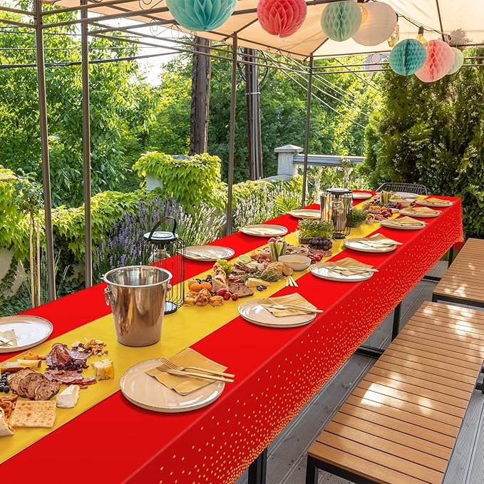 8Pack Disposable Plastic Party Tablecloths and Satin Table Runner Set Red and Gold Dot Table Cloth Gold Satin Table Runner for Wedding Birthday Baby Shower Anniversary Holiday Party Decorations