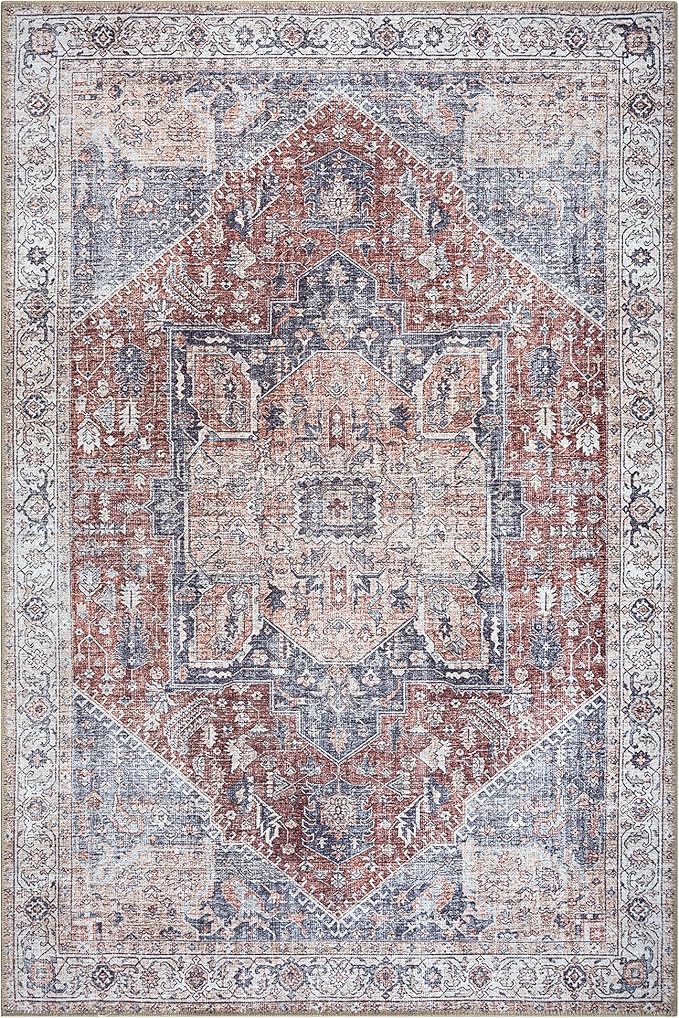 Bloom Rugs Washable Non-Slip 6' x 9' Rug - Red/Blue Traditional Medallion Area Rug for Living Room, Bedroom, Dining Room, and Kitchen - Exact Size: 6' x 9'