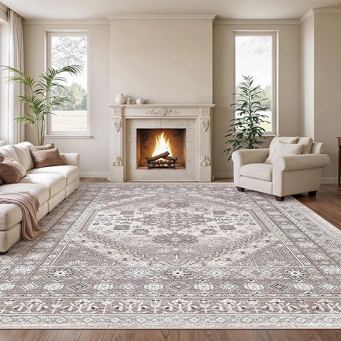 zesthome 10x14 Area Rugs,Stain Resistant Washable Rug,Ultra-Thin Rugs for Living Room,Bedroom,Non-Slip Backing Home Decor Large Area Rug (Brown/Beige,10'x14')